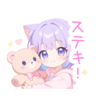 クマ×パープル猫耳パーカー女の子スタンプ（個別スタンプ：30）
