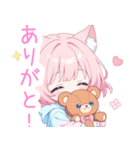 クマ×ピンク猫耳パーカーの女の子スタンプ（個別スタンプ：3）