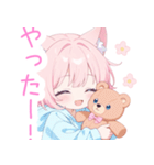 クマ×ピンク猫耳パーカーの女の子スタンプ（個別スタンプ：13）
