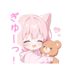 クマ×ピンク猫耳パーカーの女の子スタンプ（個別スタンプ：35）