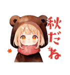 くま耳パーカーの女の子の秋（個別スタンプ：1）