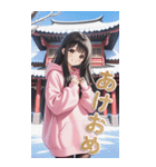 可愛い黒髪ピンクパーカー女子あけおめ再販（個別スタンプ：1）