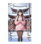 可愛い黒髪ピンクパーカー女子あけおめ再販（個別スタンプ：3）