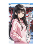 可愛い黒髪ピンクパーカー女子あけおめ再販（個別スタンプ：4）