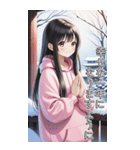 可愛い黒髪ピンクパーカー女子あけおめ再販（個別スタンプ：5）