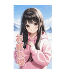 可愛い黒髪ピンクパーカー女子あけおめ再販（個別スタンプ：10）