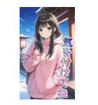 可愛い黒髪ピンクパーカー女子あけおめ再販（個別スタンプ：15）