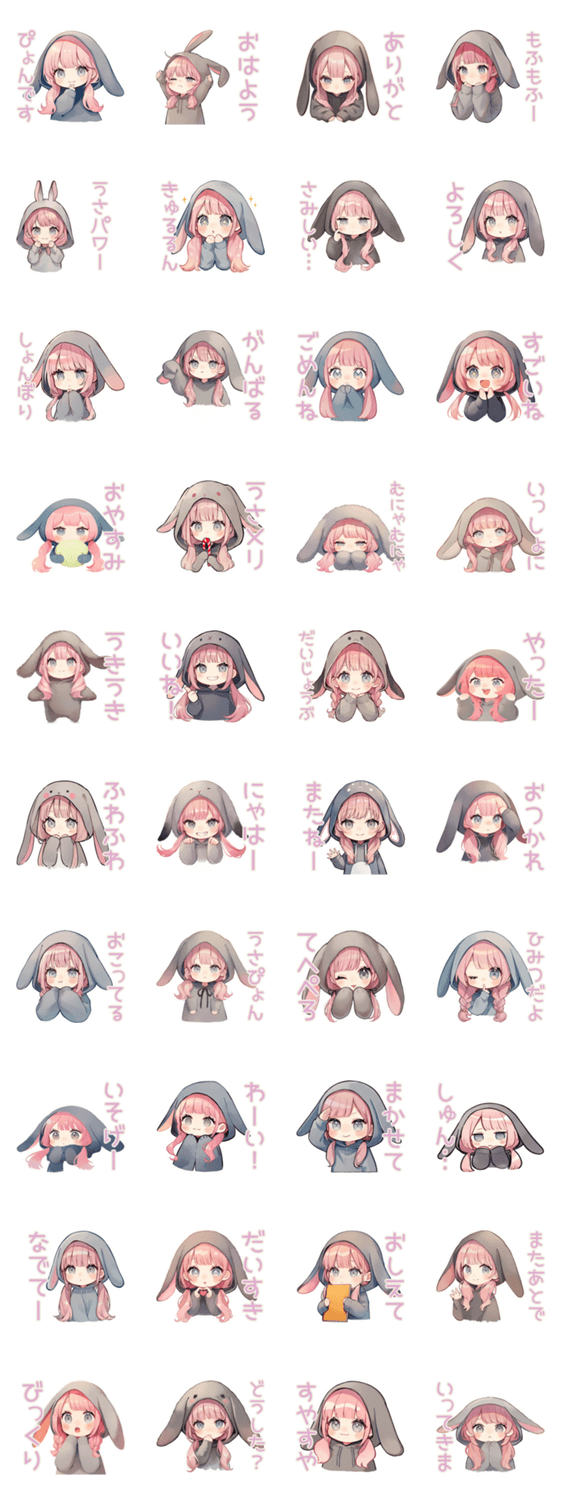 たれ耳うさぎパーカーの女の子のスタンプ詳細