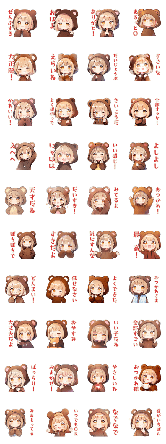 全肯定★くま耳パーカーの女の子のスタンプ詳細