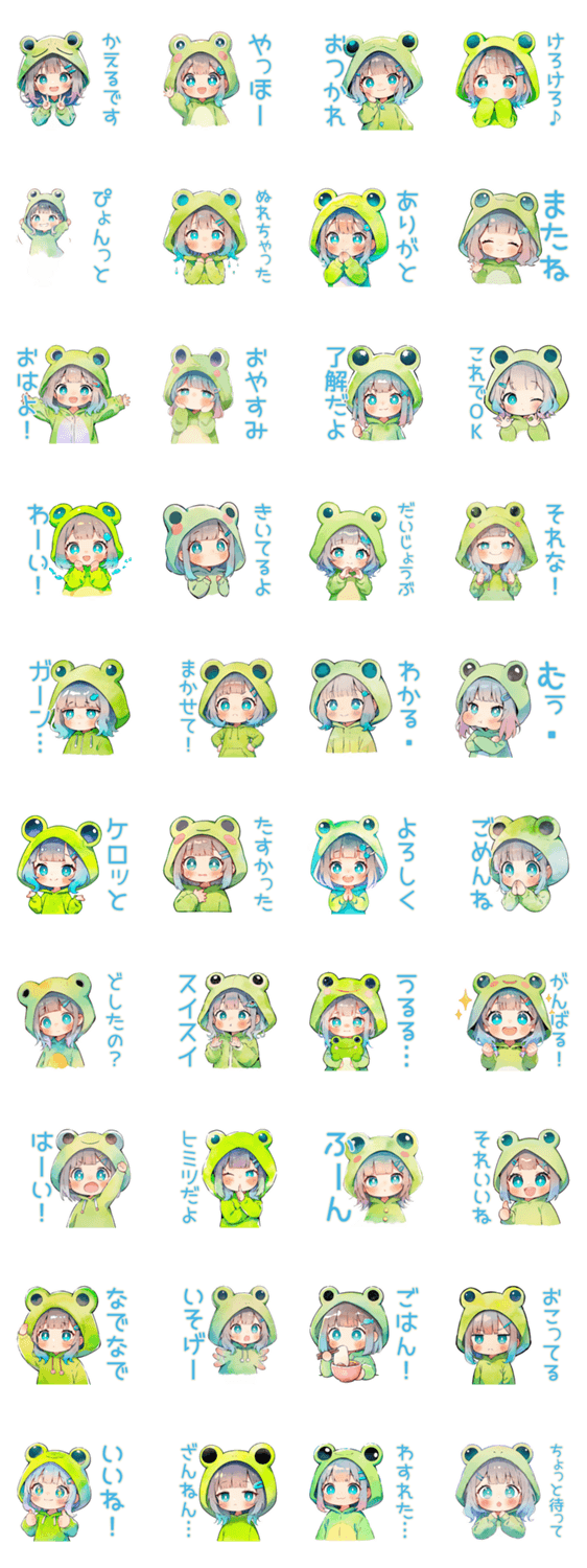 ほんわか蛙フードパーカーの女の子のスタンプ詳細