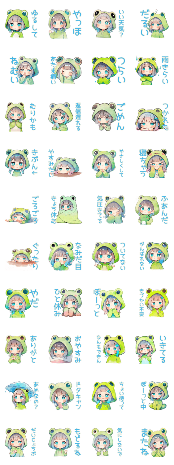 ゆるふわ★蛙フードパーカーの女の子のスタンプ詳細