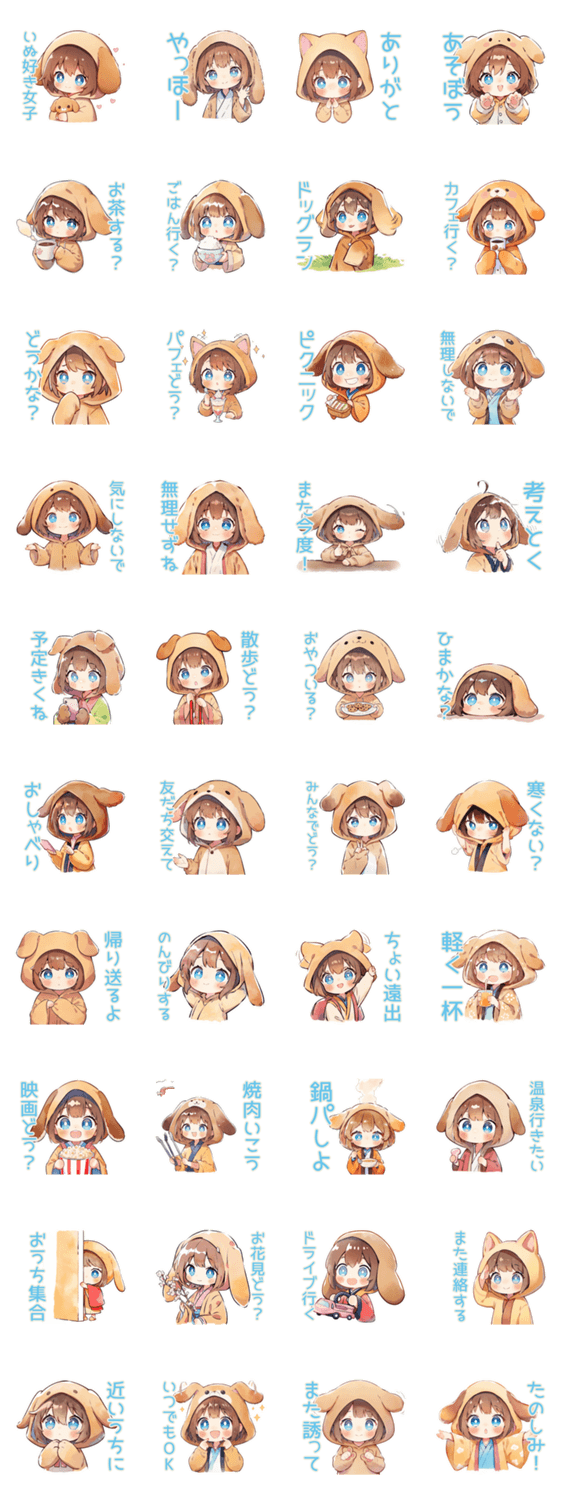 ゆるっと犬耳パーカーの女の子♡誘いのスタンプ詳細