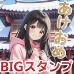 [LINEスタンプ] 可愛い黒髪ピンクパーカー女子あけおめ再販